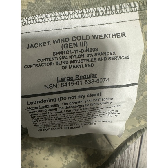 US Military Jacket Wind Cold Weather Gen III UCP Full Zip Mens Large Regular NWT - Picture 6 of 7
